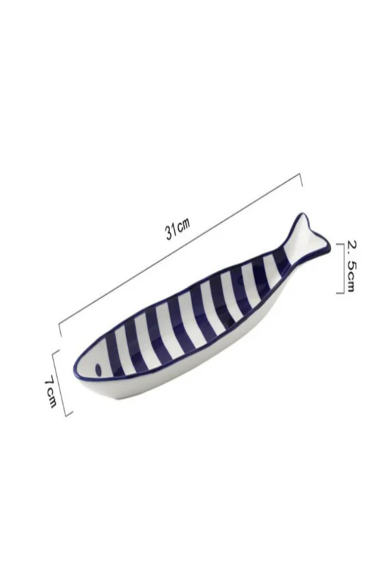 Hand Printed Fish Shape Ceramic Plate: Long Blue