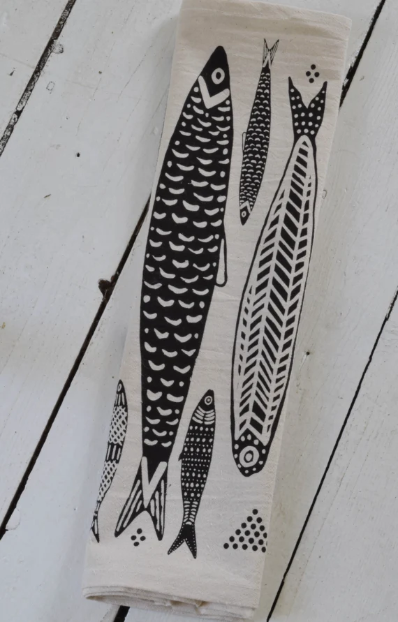 Sardines Tea Towel in Black - Organic Cotton - Fish Print - Image 2