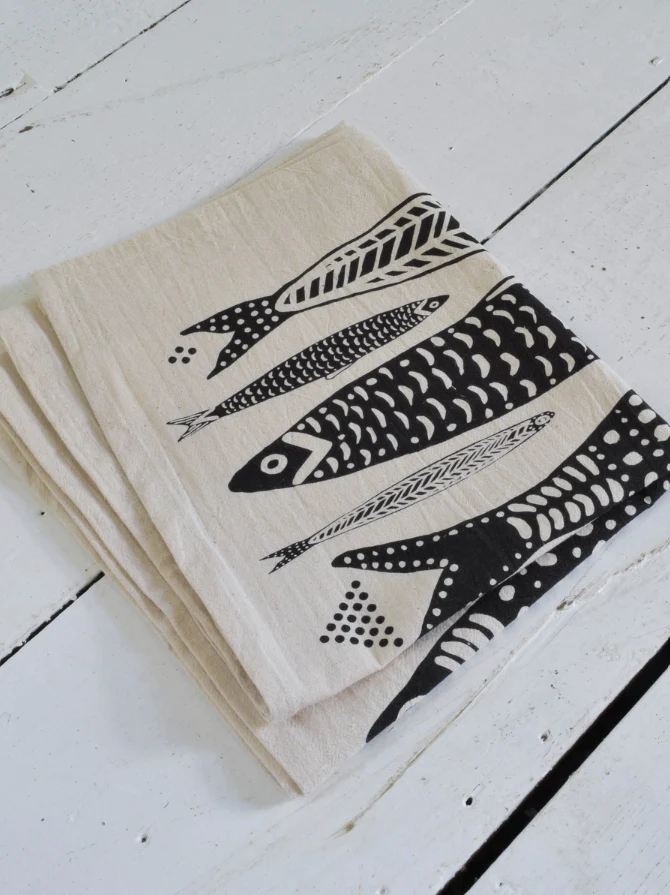 Sardines Tea Towel in Black - Organic Cotton - Fish Print - Image 3