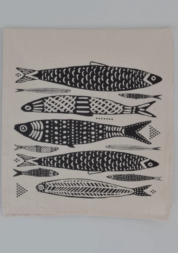 Sardines Tea Towel in Black - Organic Cotton - Fish Print - Image 4