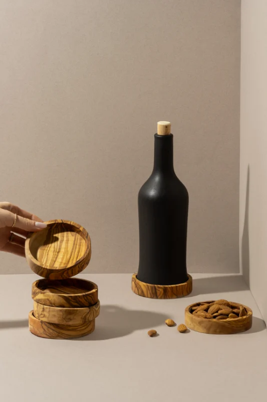 Versatile Olive Wood Bottle Stand and Snack Bowl - Image 2